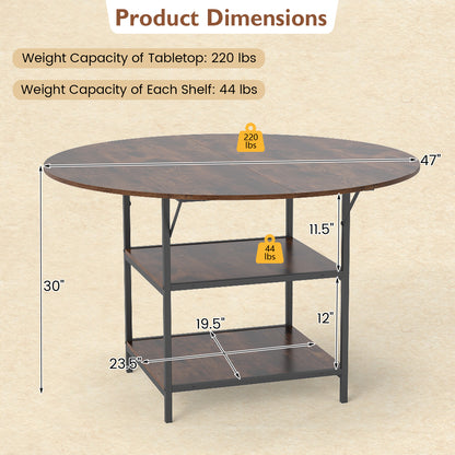 47 Inch Round Dining Table for 4-6 People Large Kitchen Table with 2-Tier Storage Shelves-Rustic Brown