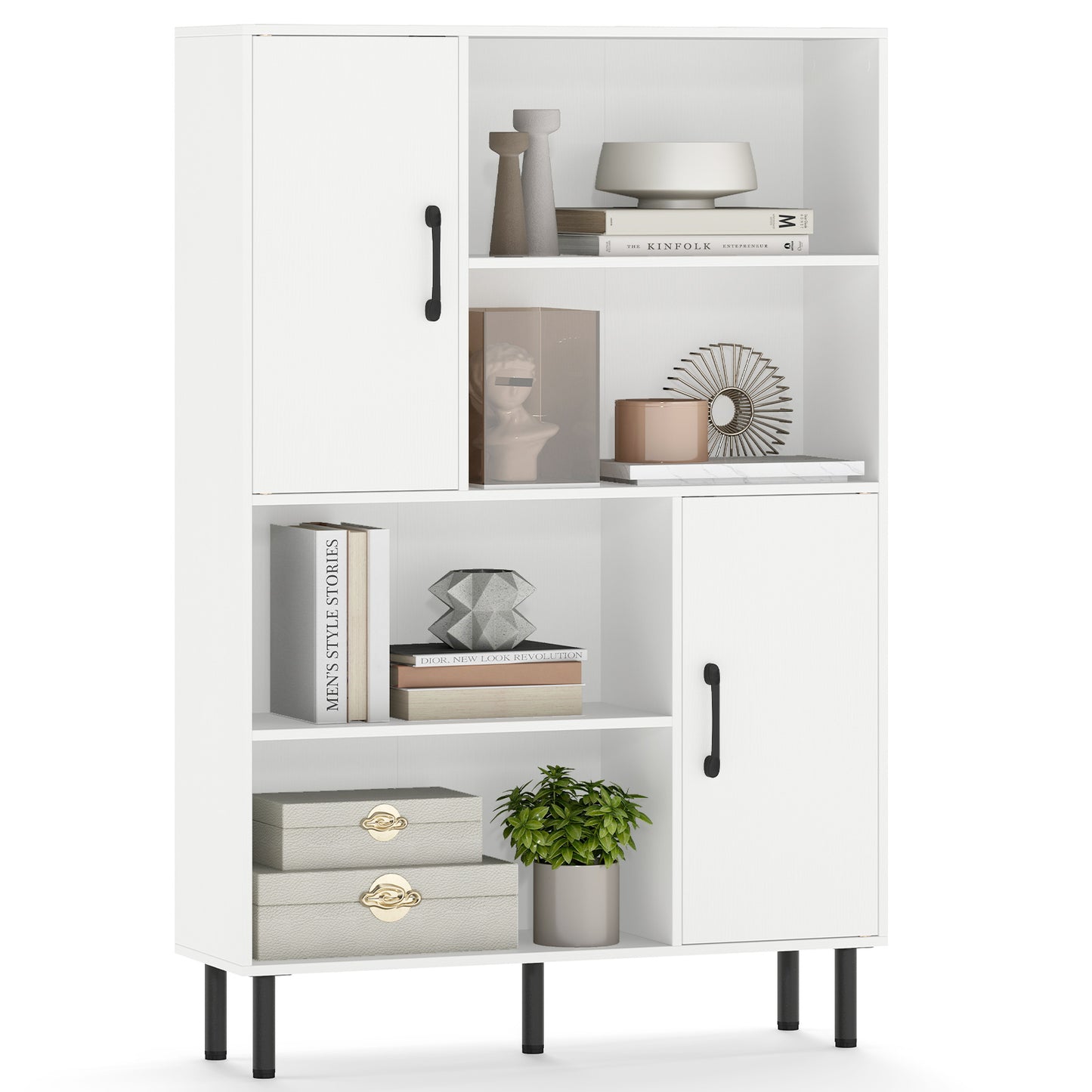 47 Inch Storage Cabinet Freestanding Bookcase with 2 Doors and 4 Open Shelves-White