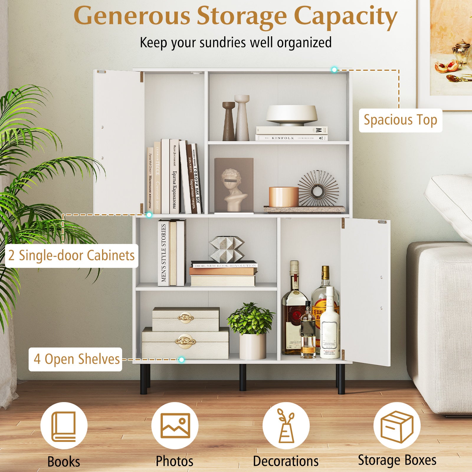 47 Inch Storage Cabinet Freestanding Bookcase with 2 Doors and 4 Open Shelves-White