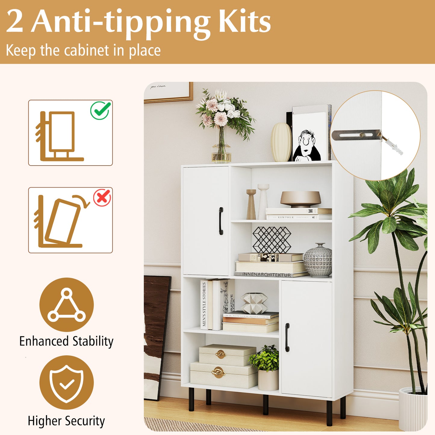 47 Inch Storage Cabinet Freestanding Bookcase with 2 Doors and 4 Open Shelves-White