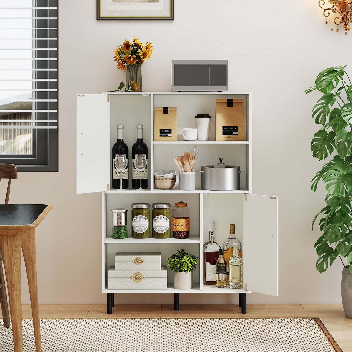 47 Inch Storage Cabinet Freestanding Bookcase with 2 Doors and 4 Open Shelves-White