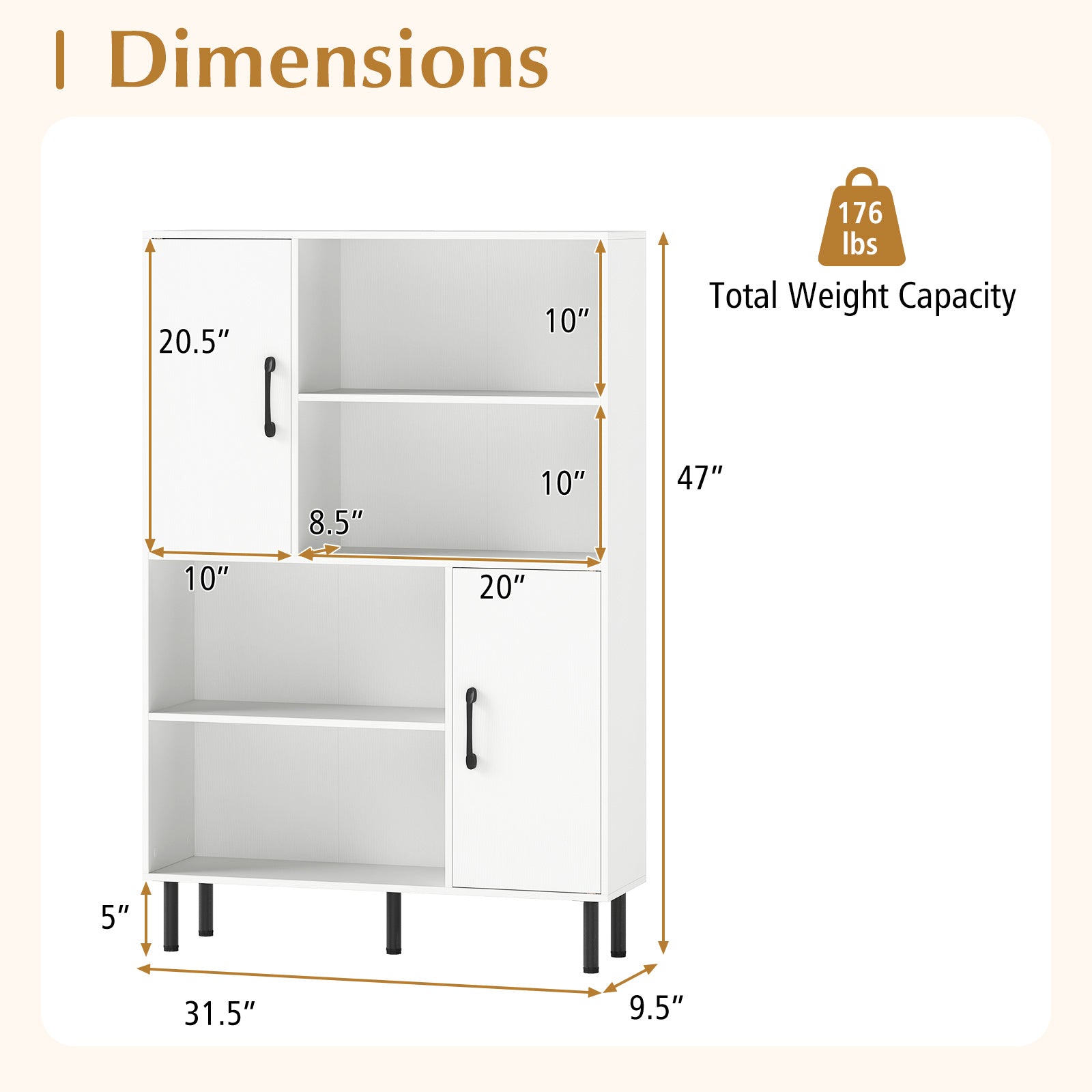 47 Inch Storage Cabinet Freestanding Bookcase with 2 Doors and 4 Open Shelves-White
