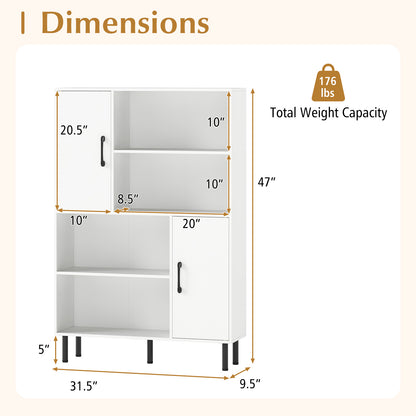 47 Inch Storage Cabinet Freestanding Bookcase with 2 Doors and 4 Open Shelves-White