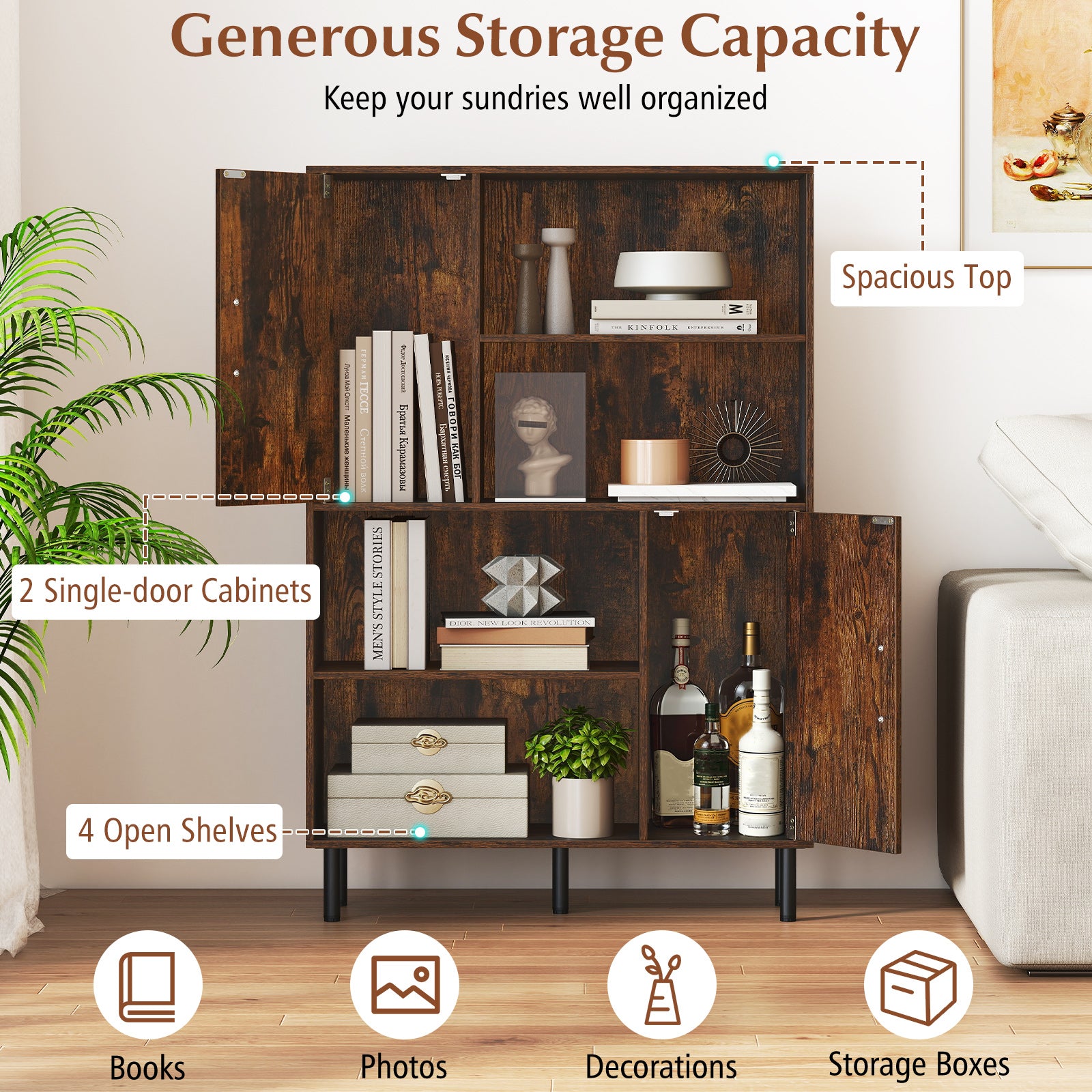 47 Inch Storage Cabinet Freestanding Bookcase with 2 Doors and 4 Open Shelves-Rustic Brown