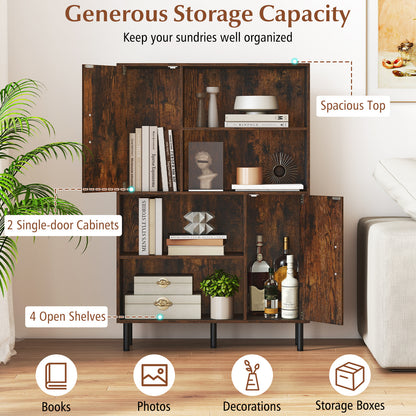47 Inch Storage Cabinet Freestanding Bookcase with 2 Doors and 4 Open Shelves-Rustic Brown