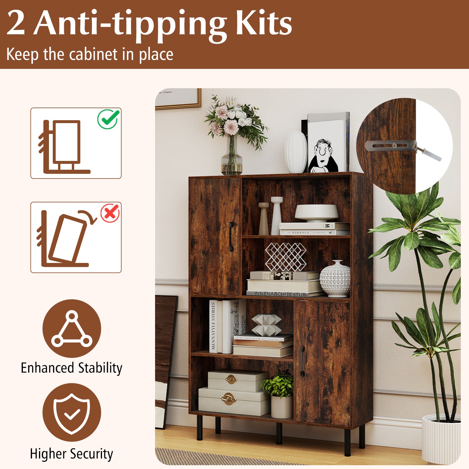 47 Inch Storage Cabinet Freestanding Bookcase with 2 Doors and 4 Open Shelves-Rustic Brown