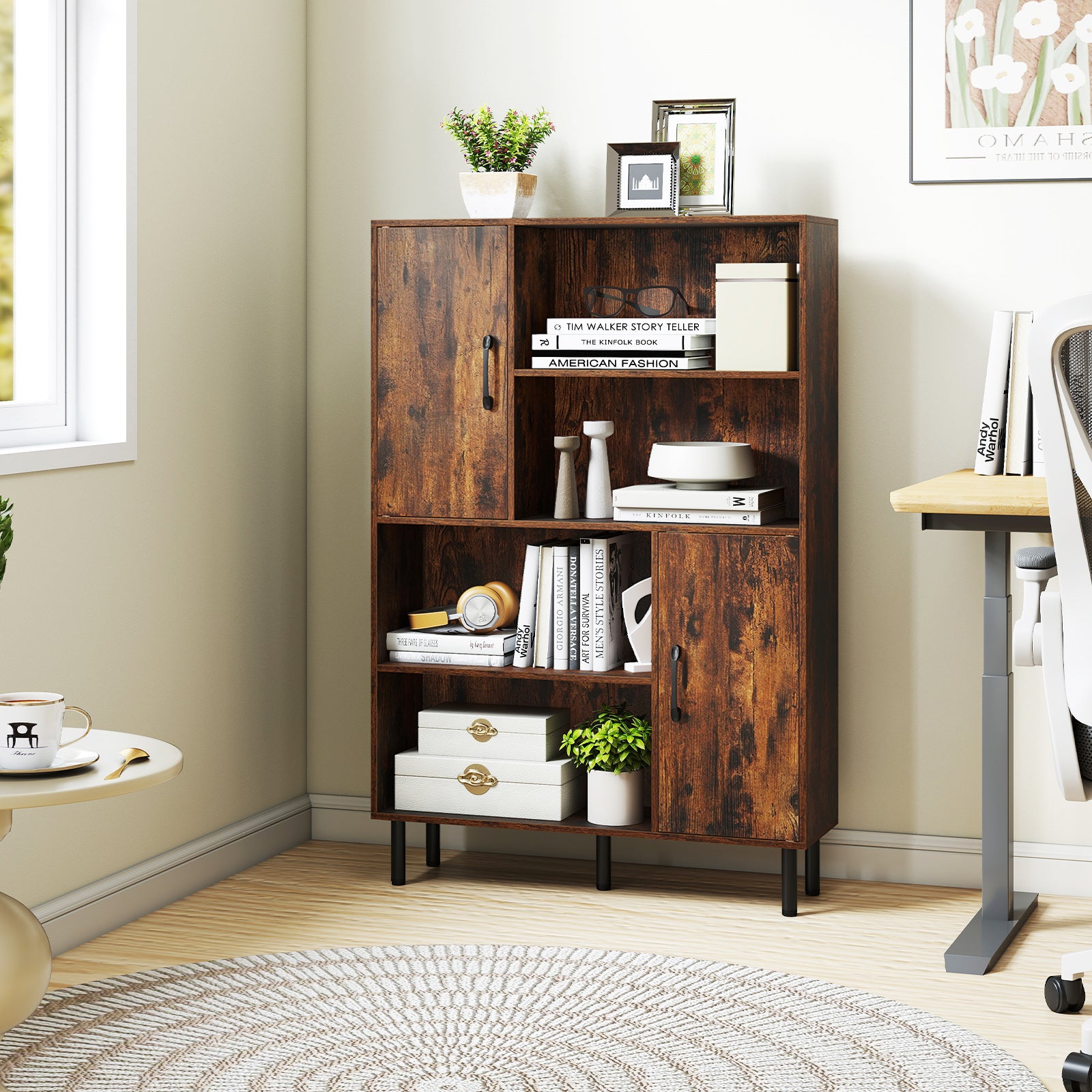 47 Inch Storage Cabinet Freestanding Bookcase with 2 Doors and 4 Open Shelves-Rustic Brown