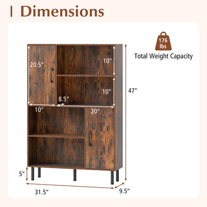 47 Inch Storage Cabinet Freestanding Bookcase with 2 Doors and 4 Open Shelves-Rustic Brown