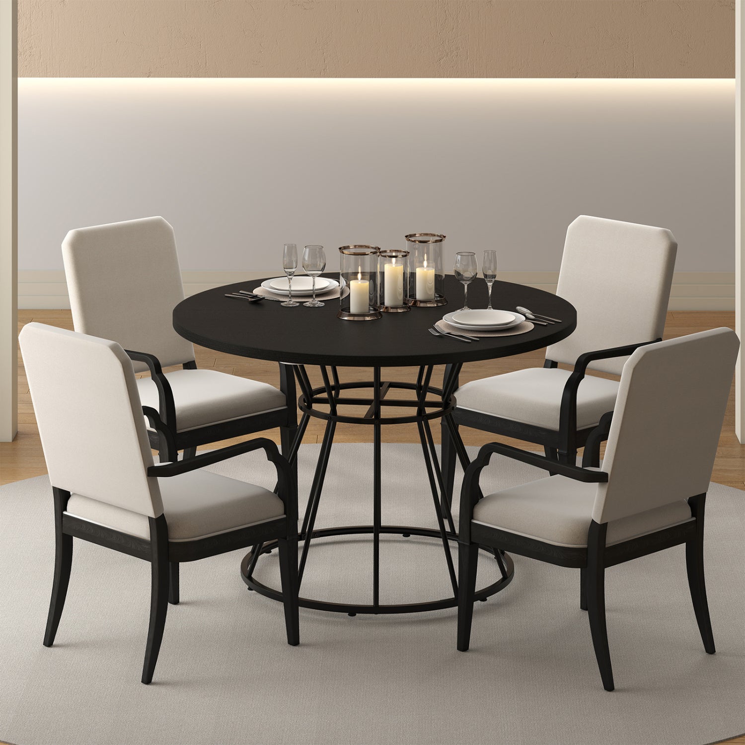 47 Inches Round Dining Table for 4 Farmhouse Kitchen Table with Wooden Tabletop