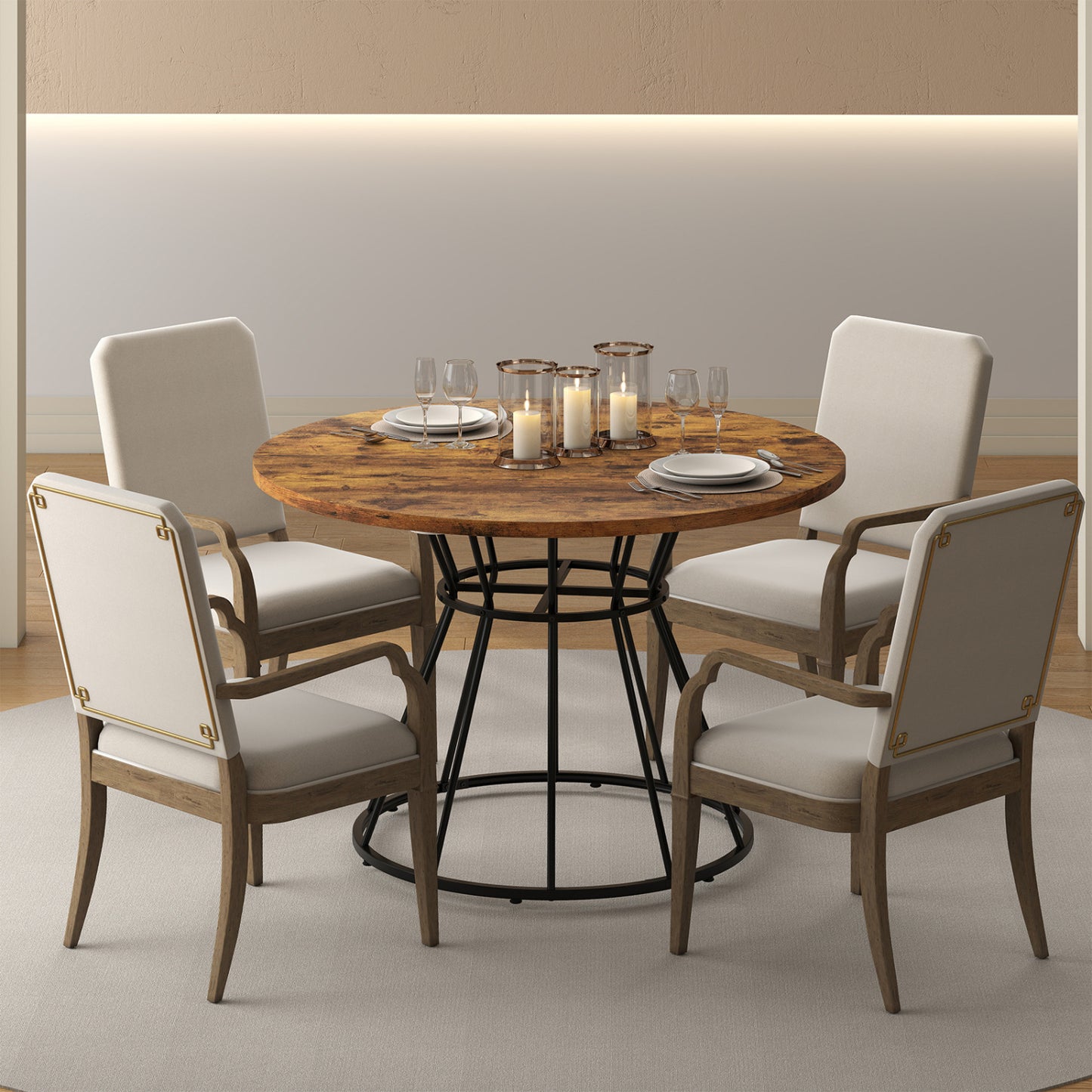 47 Inches Round Dining Table for 4 Farmhouse Kitchen Table with Wooden Tabletop
