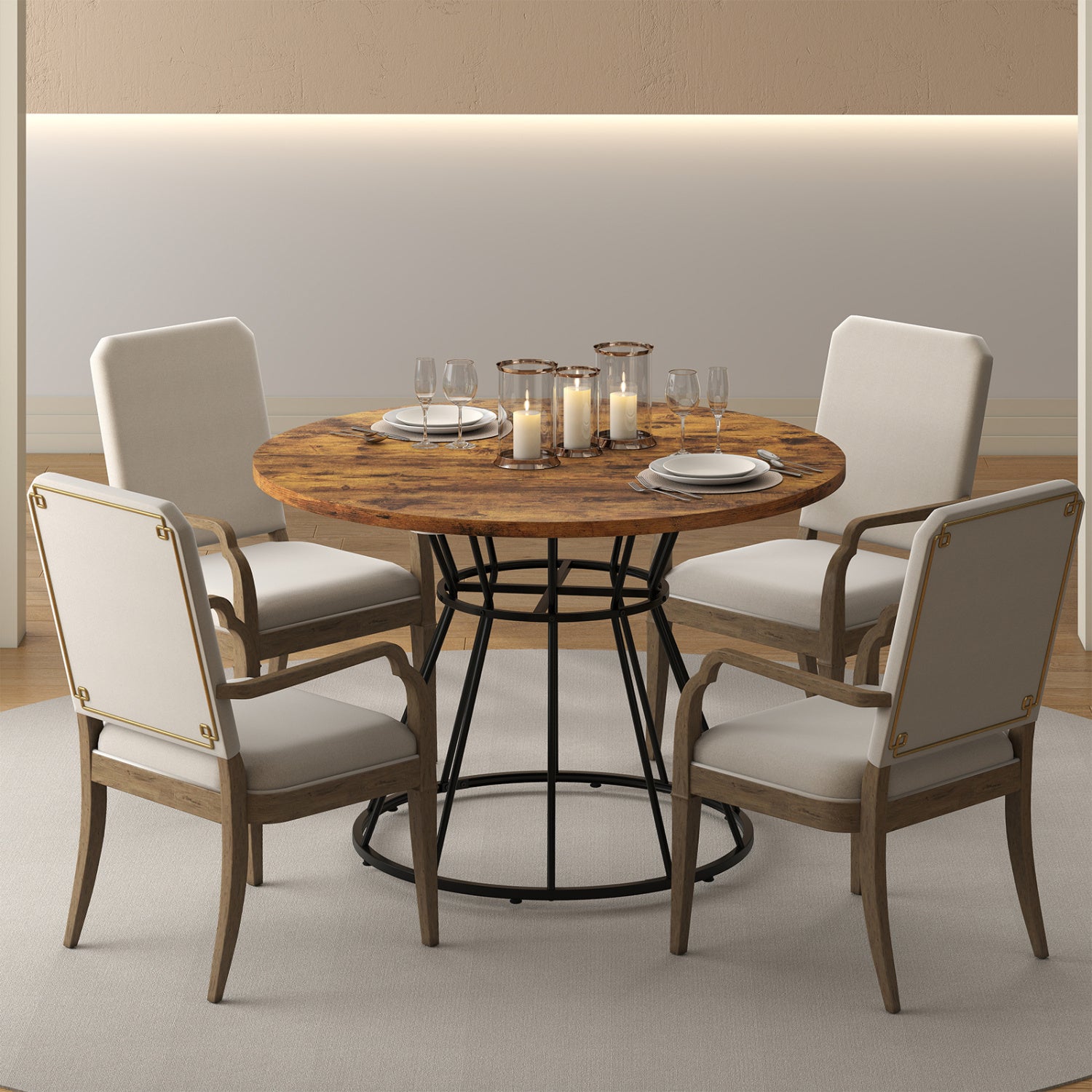 47 Inches Round Dining Table for 4 Farmhouse Kitchen Table with Wooden Tabletop