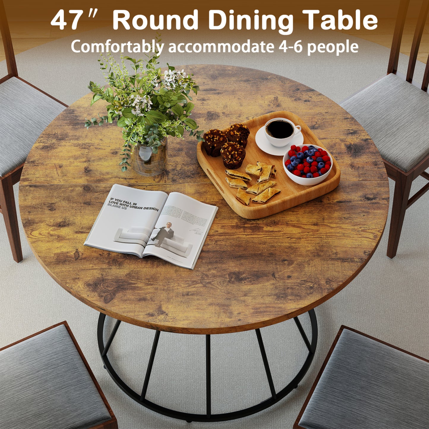 47 Inches Round Dining Table for 4 Farmhouse Kitchen Table with Wooden Tabletop