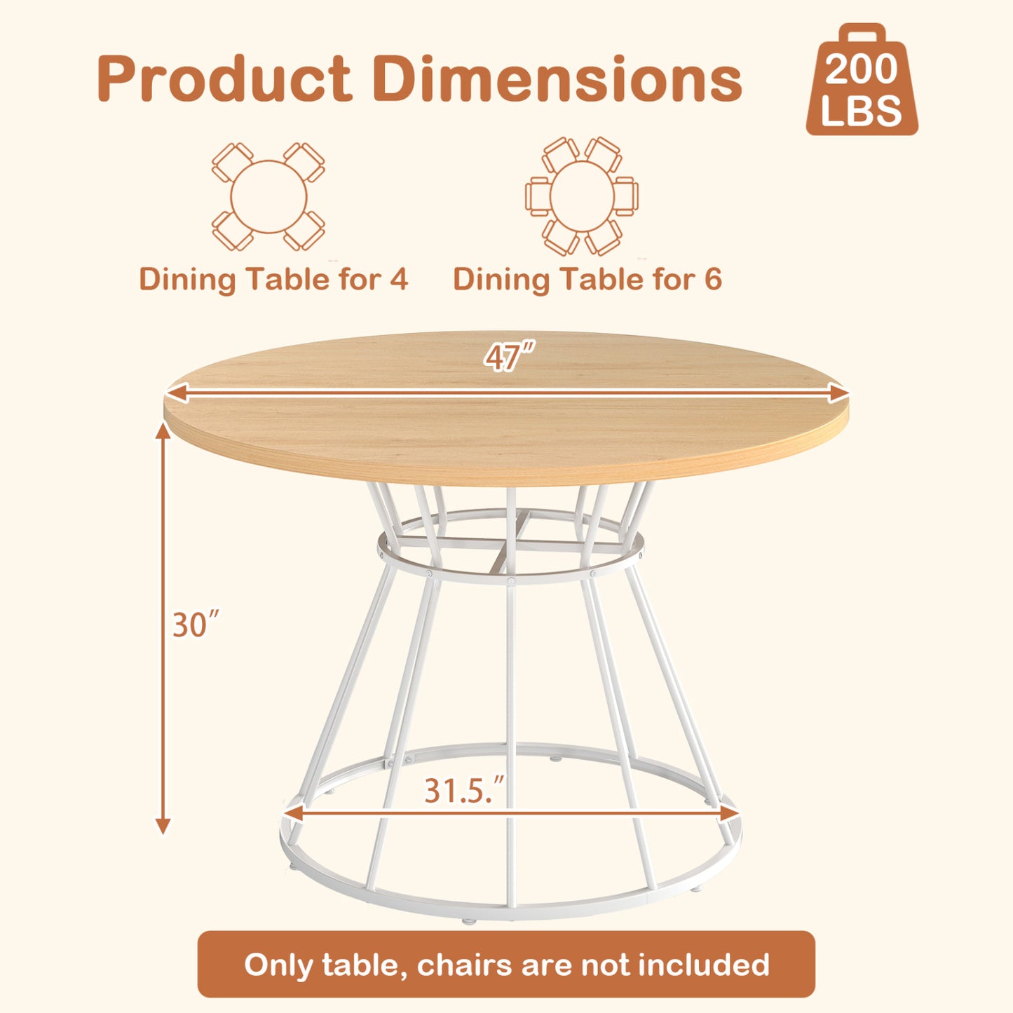 47 Inches Round Dining Table for 4 Farmhouse Kitchen Table with Wooden Tabletop