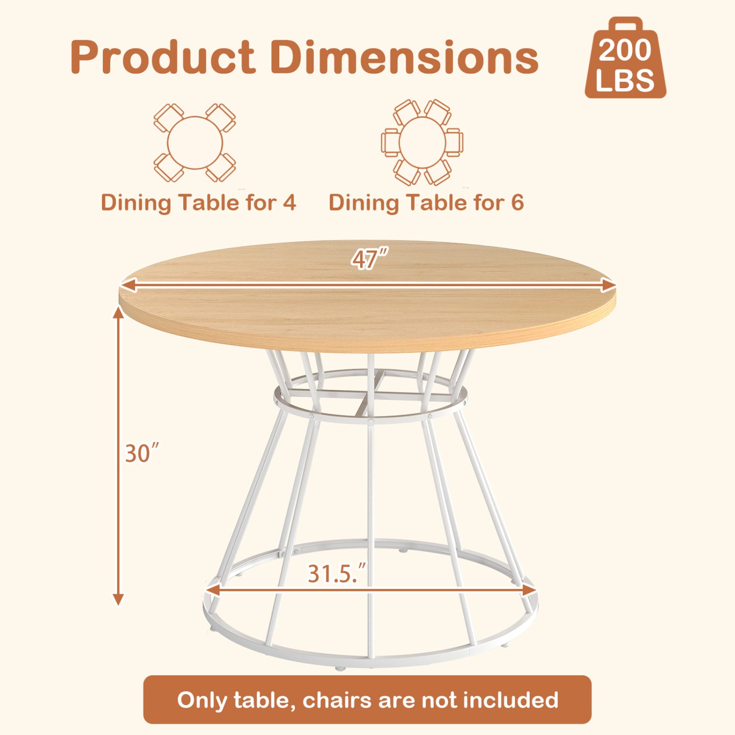 47 Inches Round Dining Table for 4 Farmhouse Kitchen Table with Wooden Tabletop