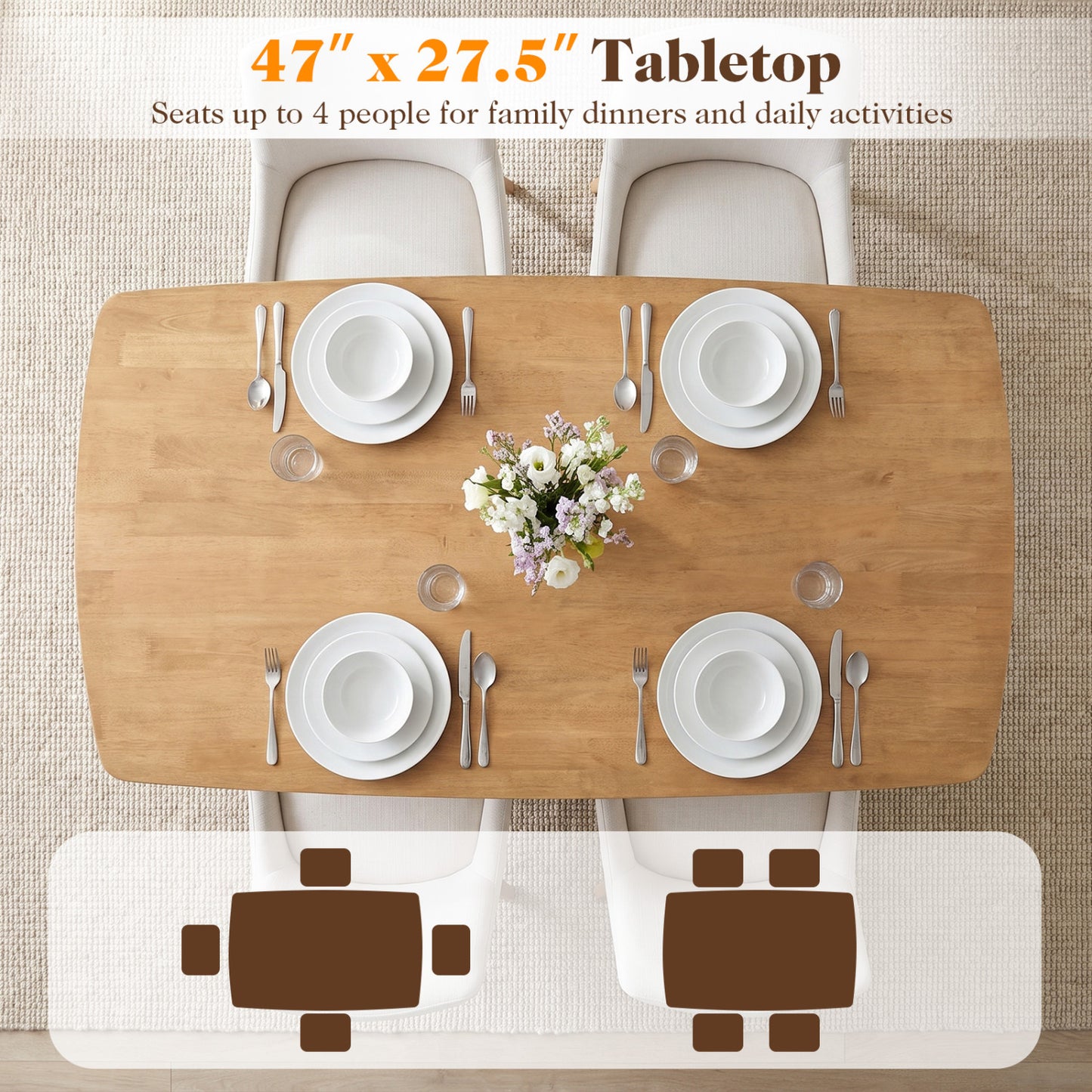 47" Solid Wood Dining Table for 4 People - Natural Finish