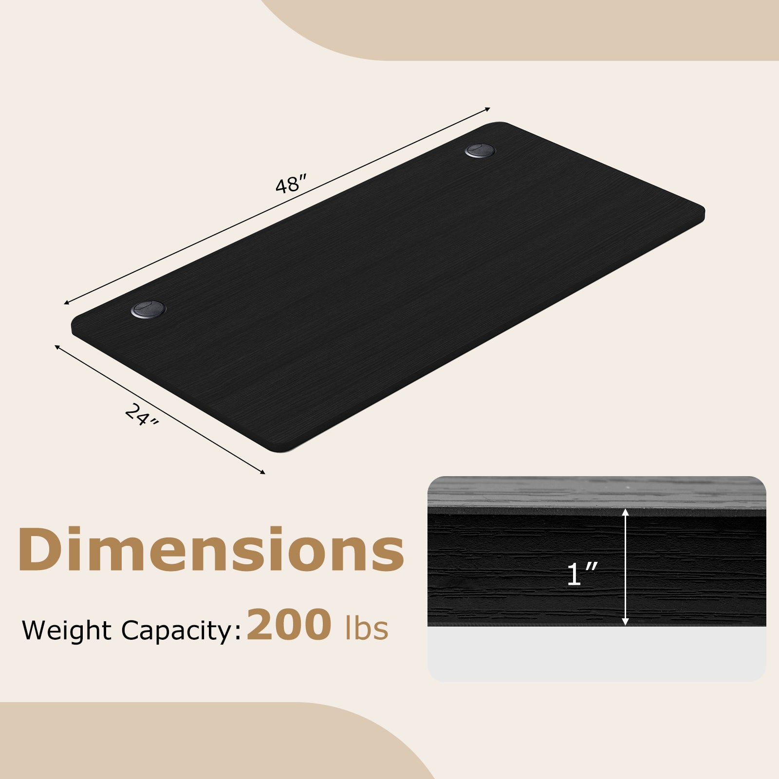 47‚Äù x 24‚Äù Universal Tabletop for Standard and Standing Desk Frame-Black
