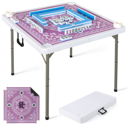 35 Inch 4 Player Game Card Folding Mahjong Table with Cup Holders-Green - Pink