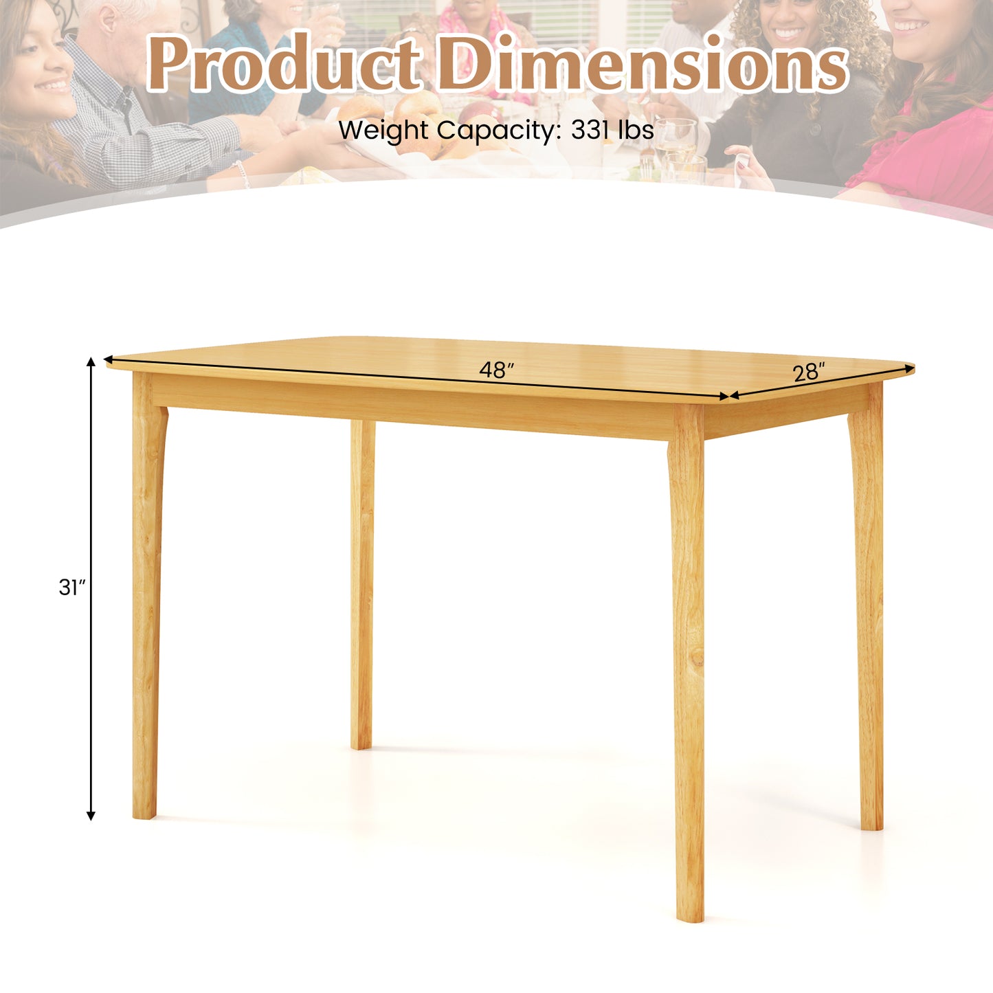 48 Inch Solid Wood Dining Table with Rubber Wood Supporting Legs for Kitchen Dining Room