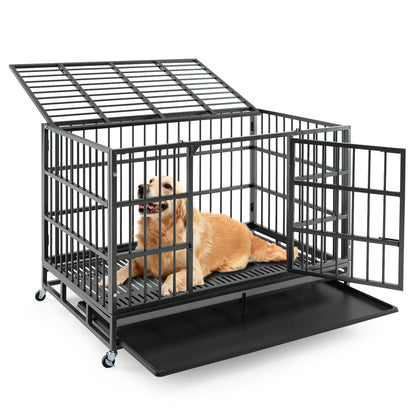 48 Inch Foldable Heavy-Duty Metal Dog Cage with Lockable Rolling Casters and Tray-48 inches - 48 Inches