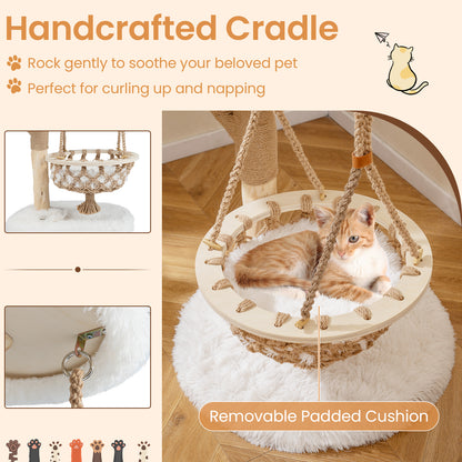 48.5 Inch Solid Wood Cat Tree with Hanging Cradle and Jute Scratching Post-White