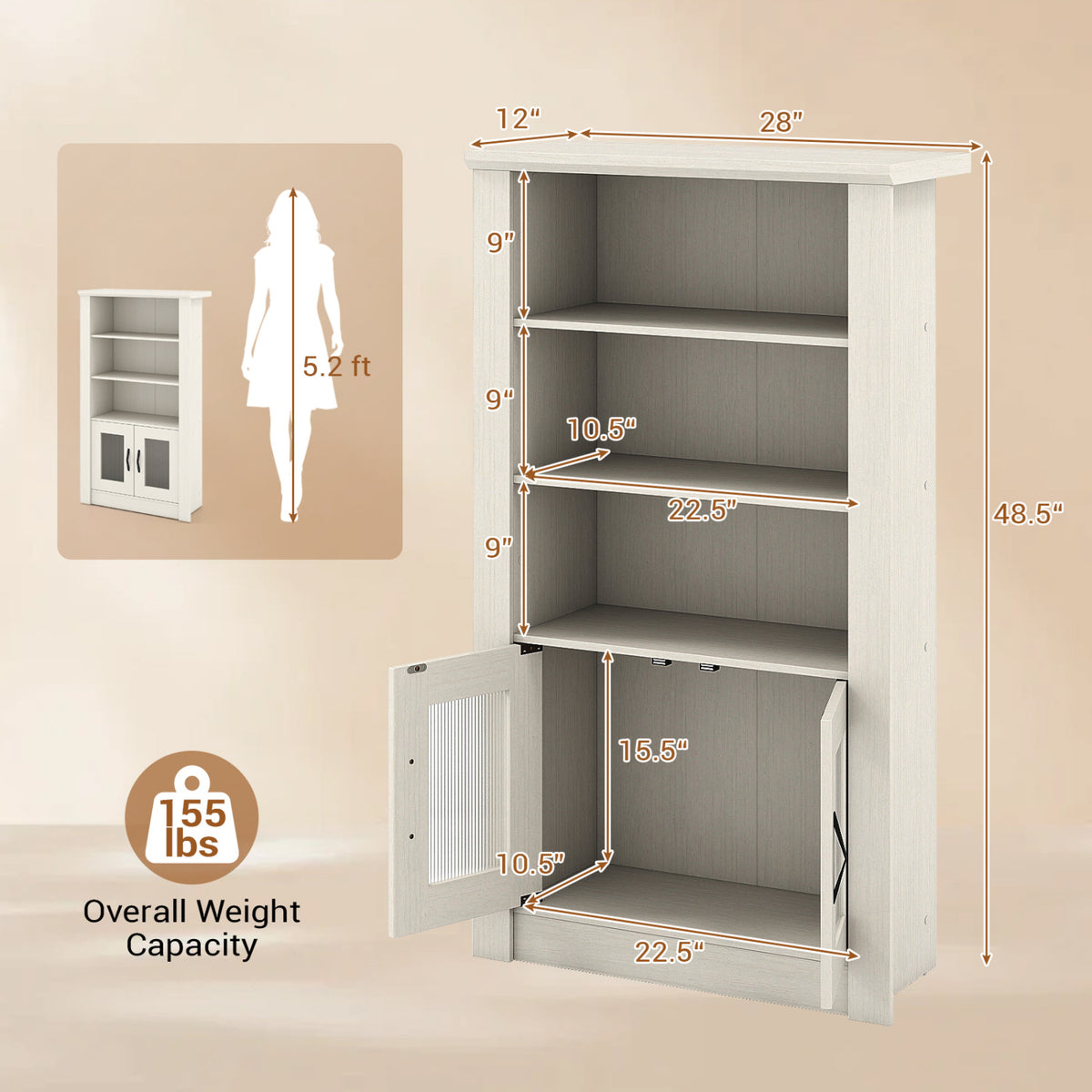 4-Tier Bookcase with Fluted Glass Doors 48.5" White Oak