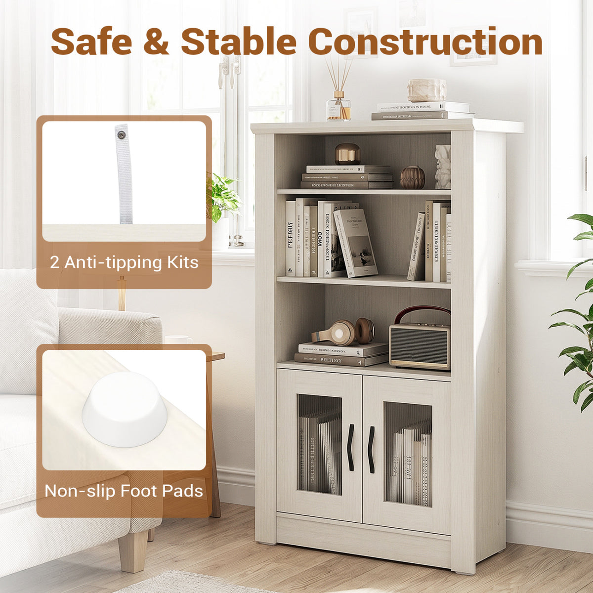 4-Tier Bookcase with Fluted Glass Doors 48.5" White Oak