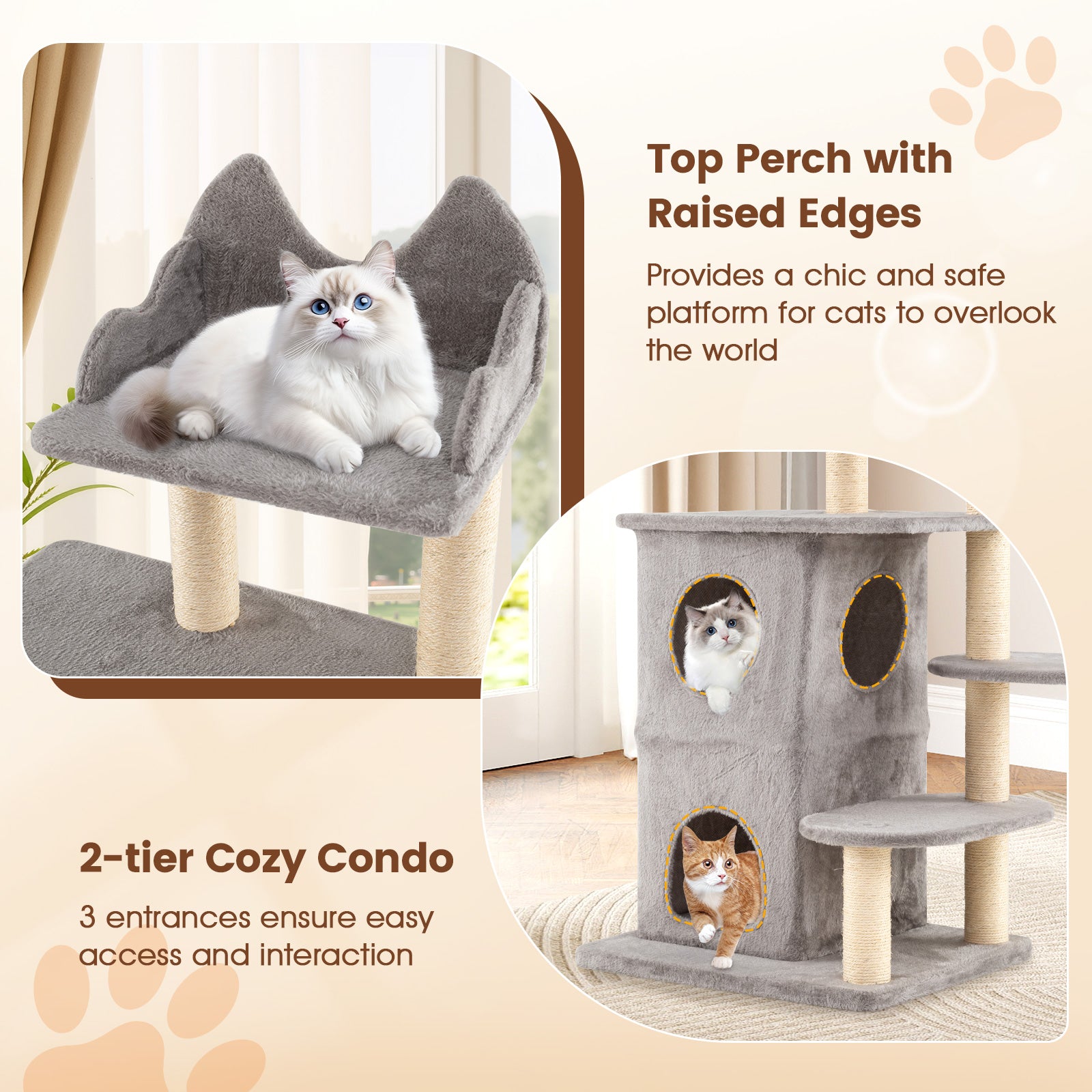 48.5 inch Cat Tree with 2-story Condo and 3 Hideaway Caves for Large Cats-Gray