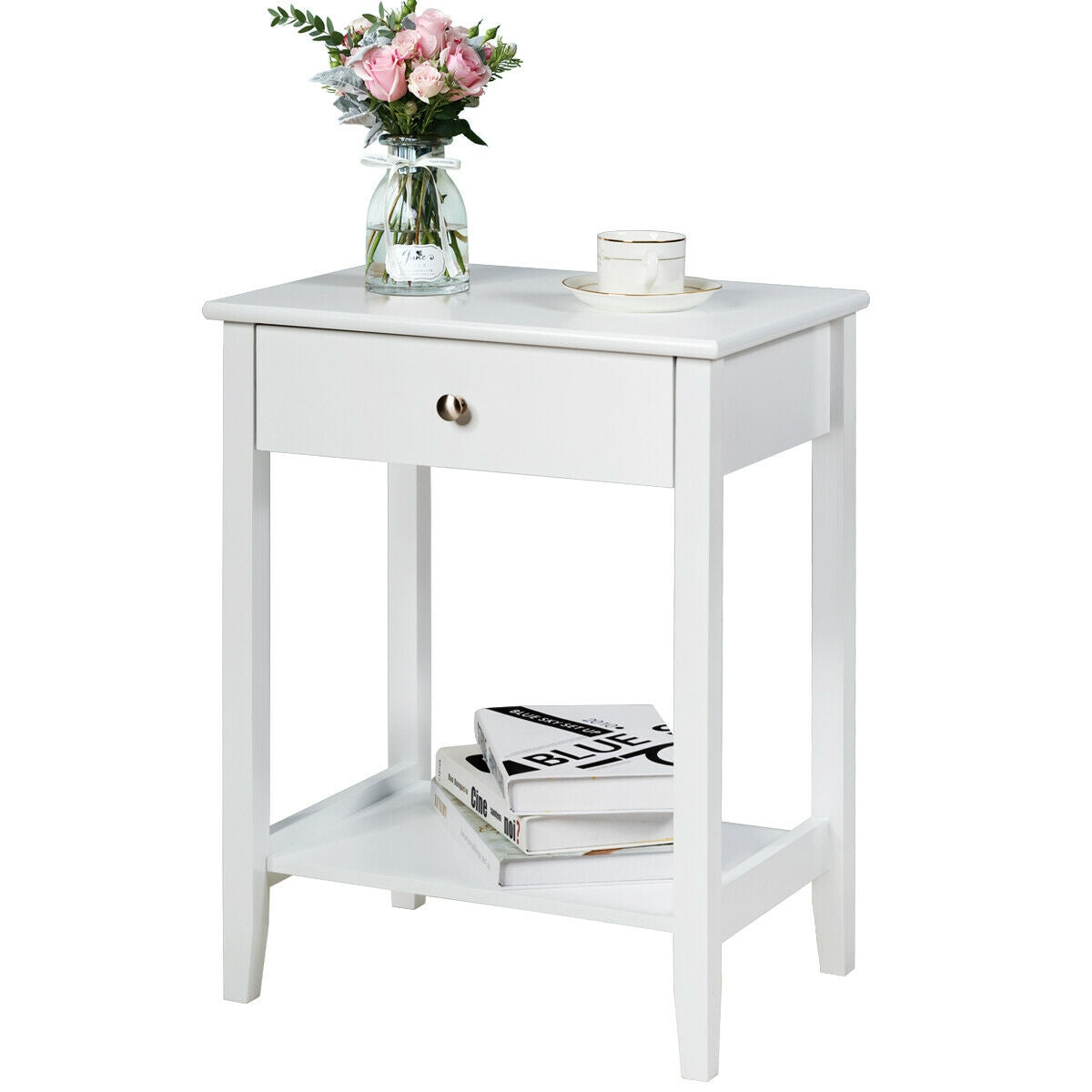Wooden Nightstand End Table Storage Display -White