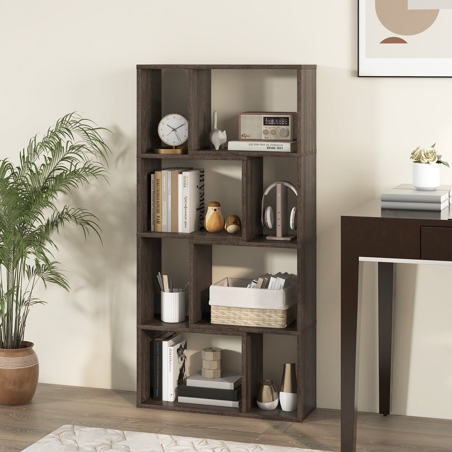 48 Inch 4-Tier Geometric Bookshelf with 8 Cubes for Living Room Bedroom
