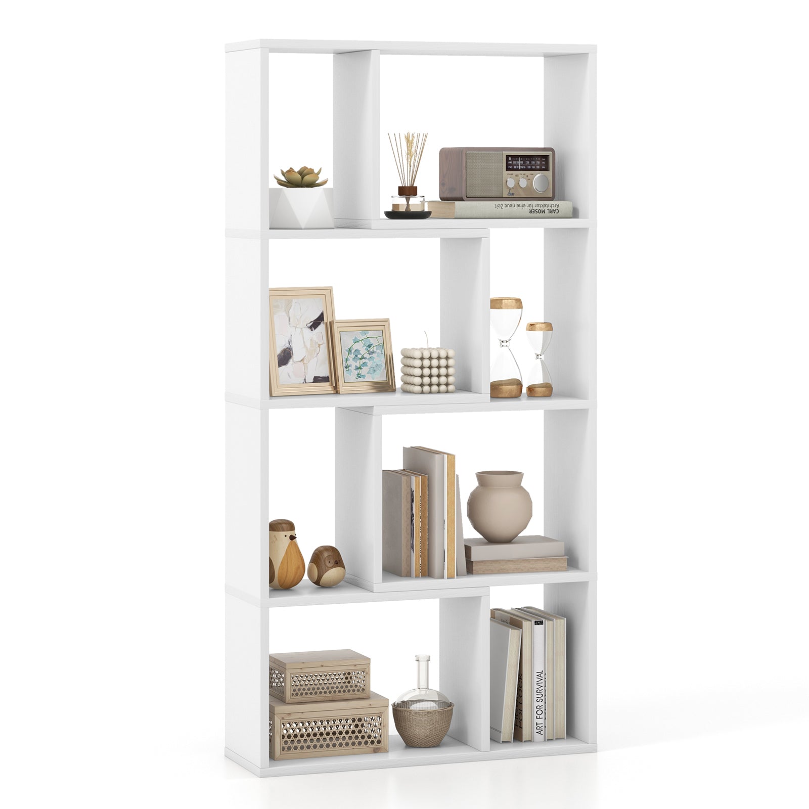 48 Inch 4-Tier Geometric Bookshelf with 8 Cubes for Living Room Bedroom-Gray - White