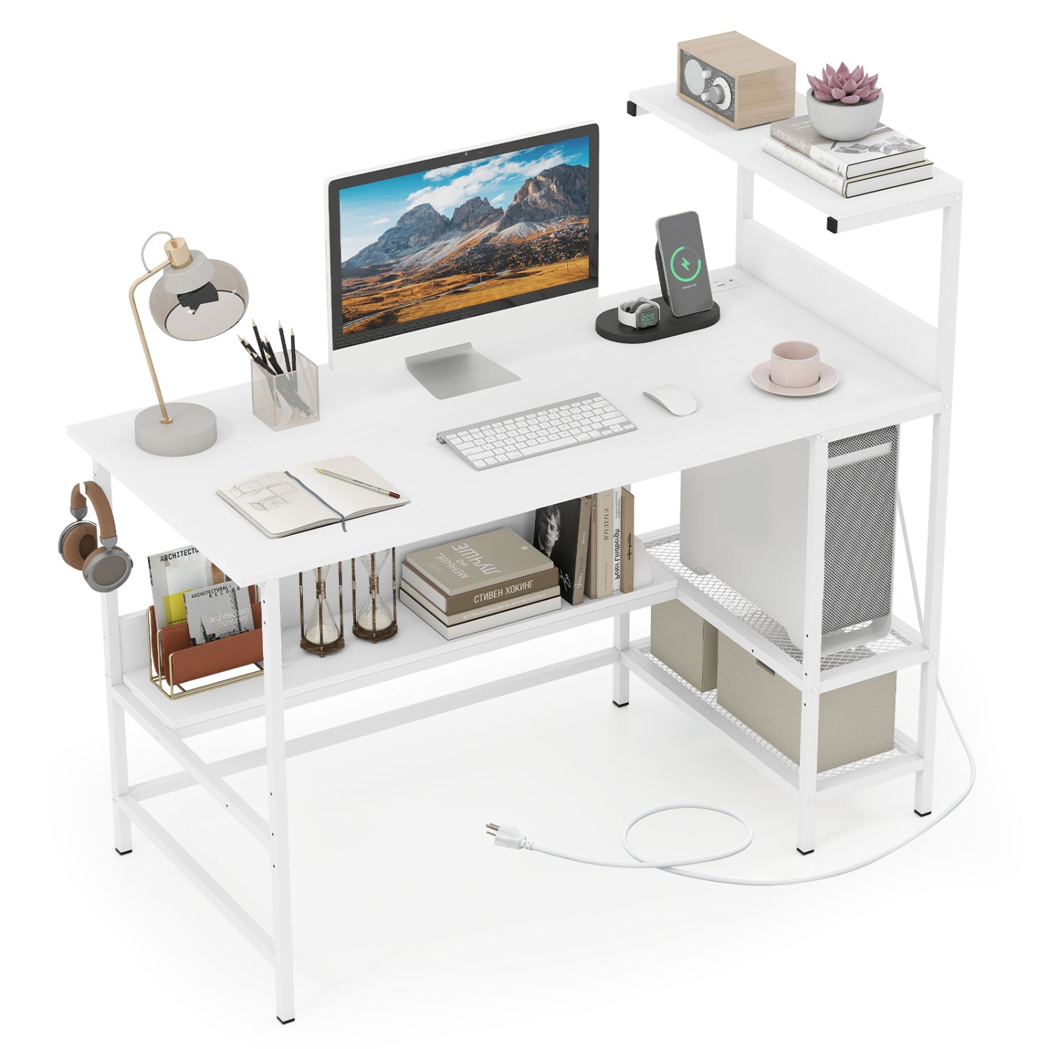 48 Inch Computer Desk with Power Outlets and Storage Shelves-White