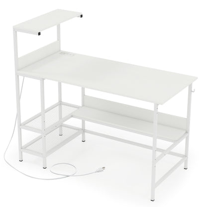 48 Inch Computer Desk with Power Outlets and Storage Shelves-White