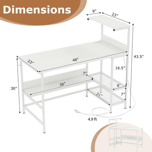 48 Inch Computer Desk with Power Outlets and Storage Shelves-White