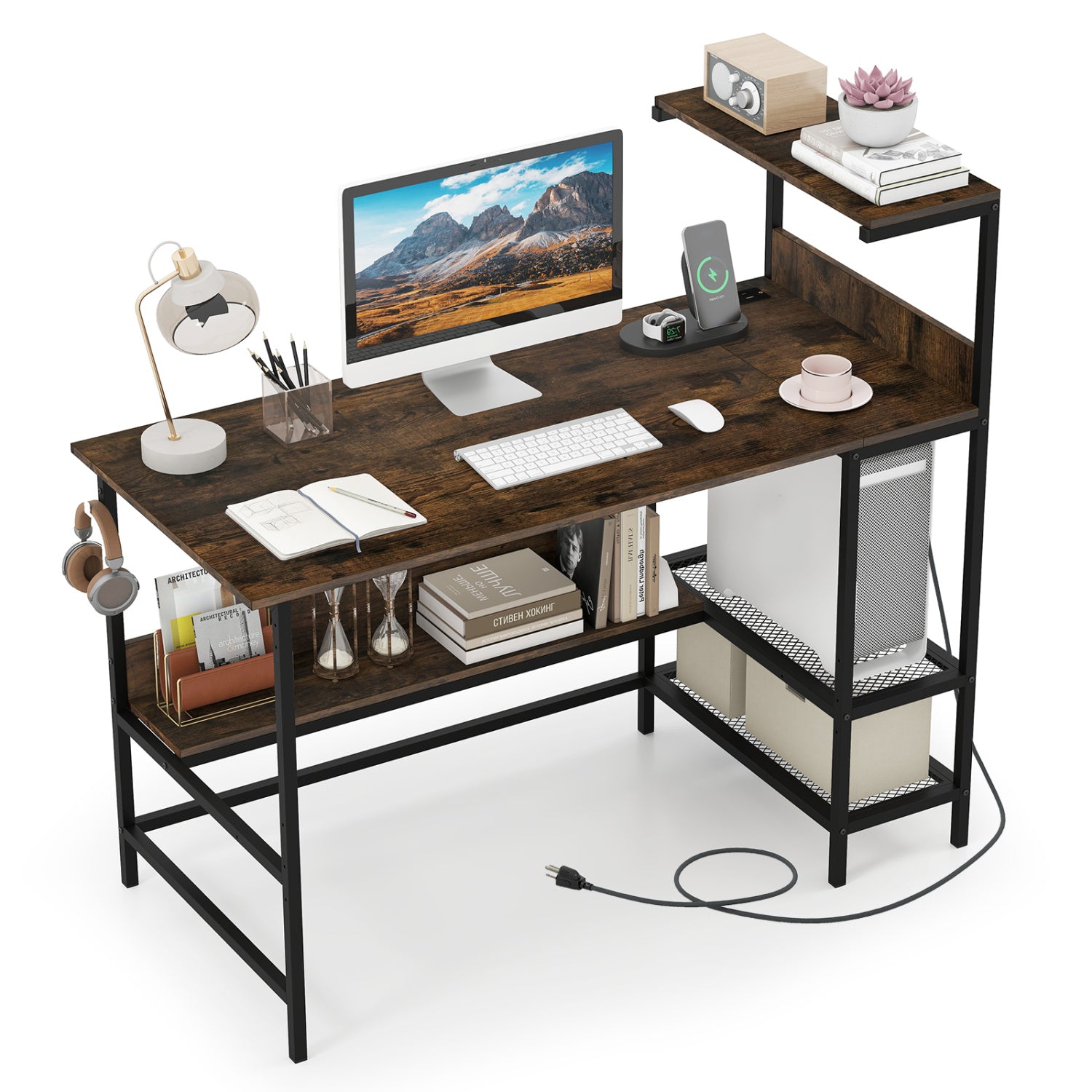 48 Inch Computer Desk with Power Outlets and Storage Shelves-Rustic Brown