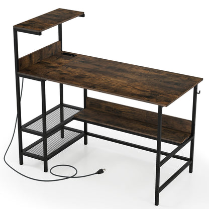 48 Inch Computer Desk with Power Outlets and Storage Shelves-Rustic Brown