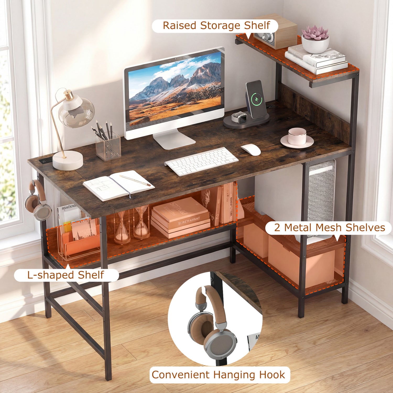 48 Inch Computer Desk with Power Outlets and Storage Shelves-Rustic Brown