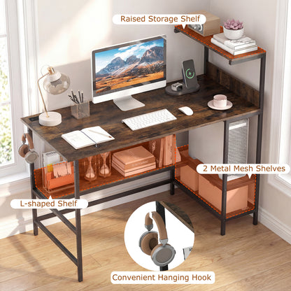 48 Inch Computer Desk with Power Outlets and Storage Shelves-Rustic Brown