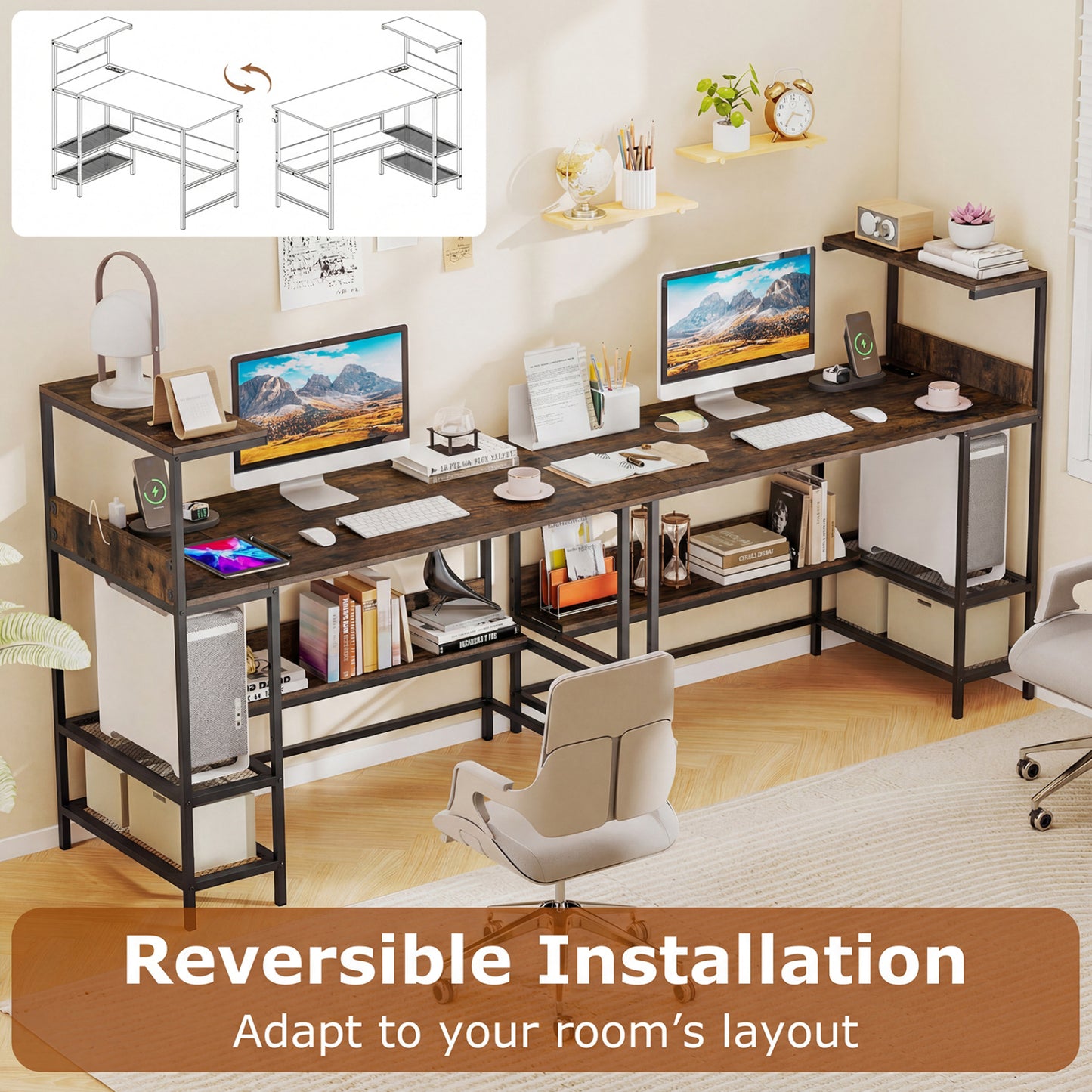 48 Inch Computer Desk with Power Outlets and Storage Shelves-Rustic Brown