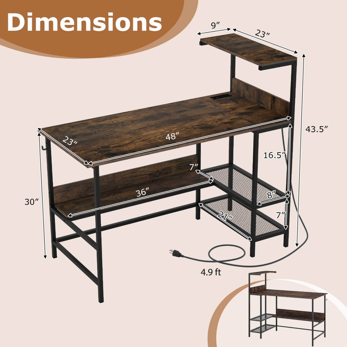 48 Inch Computer Desk with Power Outlets and Storage Shelves-Rustic Brown