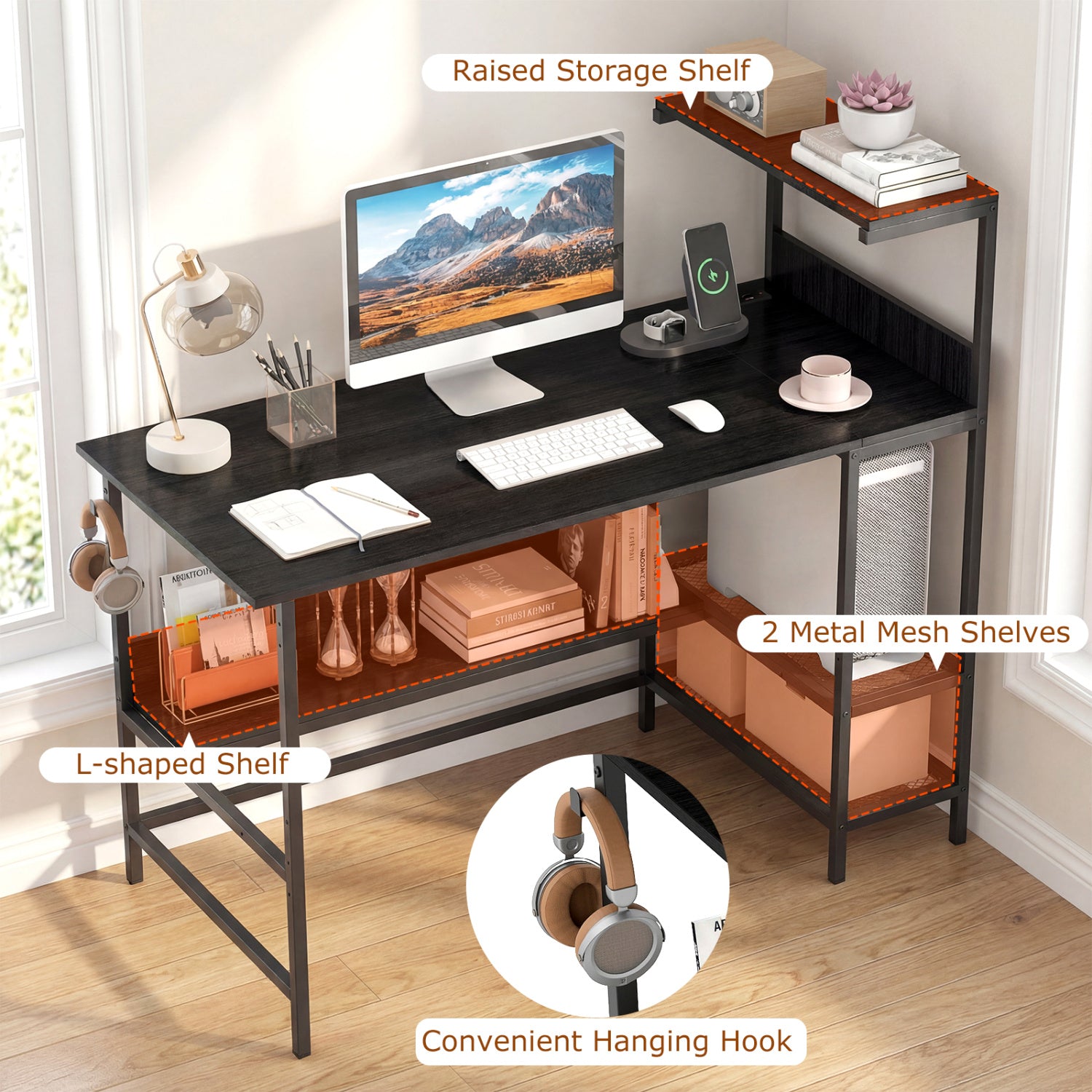 48 Inch Computer Desk with Power Outlets and Storage Shelves-Black