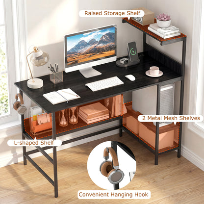 48 Inch Computer Desk with Power Outlets and Storage Shelves-Black
