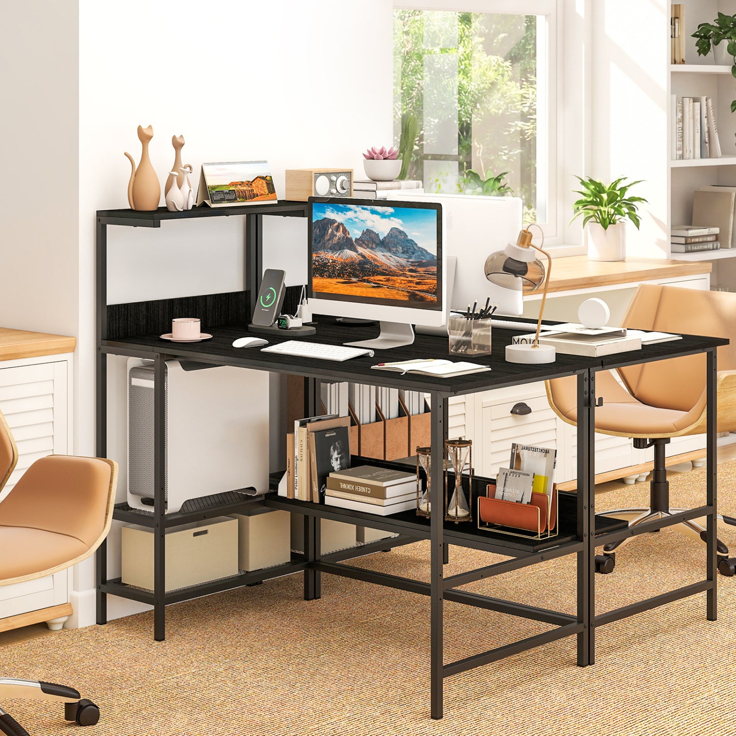 48 Inch Computer Desk with Power Outlets and Storage Shelves-Black