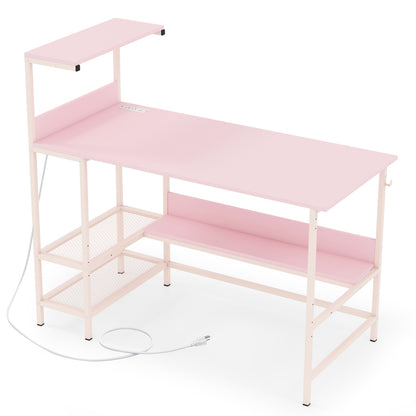 48 Inch Computer Desk with Power Outlets and Storage Shelves-Pink - Pink