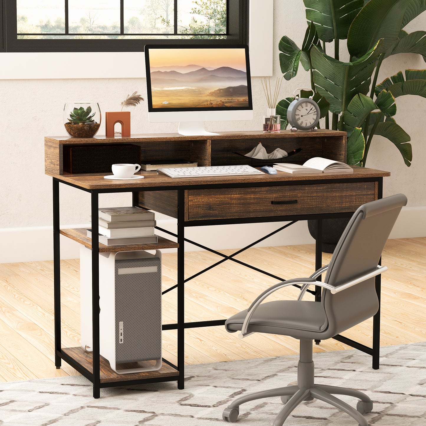 48 Inch Computer Desk with Monitor Stand Drawer and Shelves