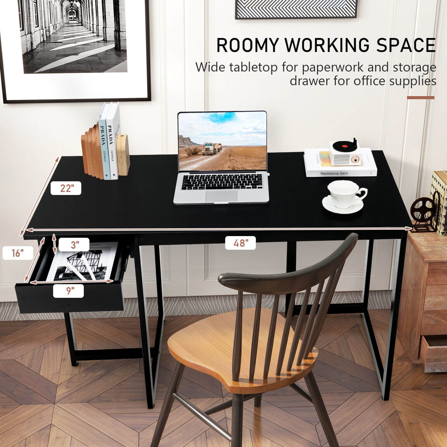 48 Inch Computer Desk with Metal Frame and Adjustable Pads-Black