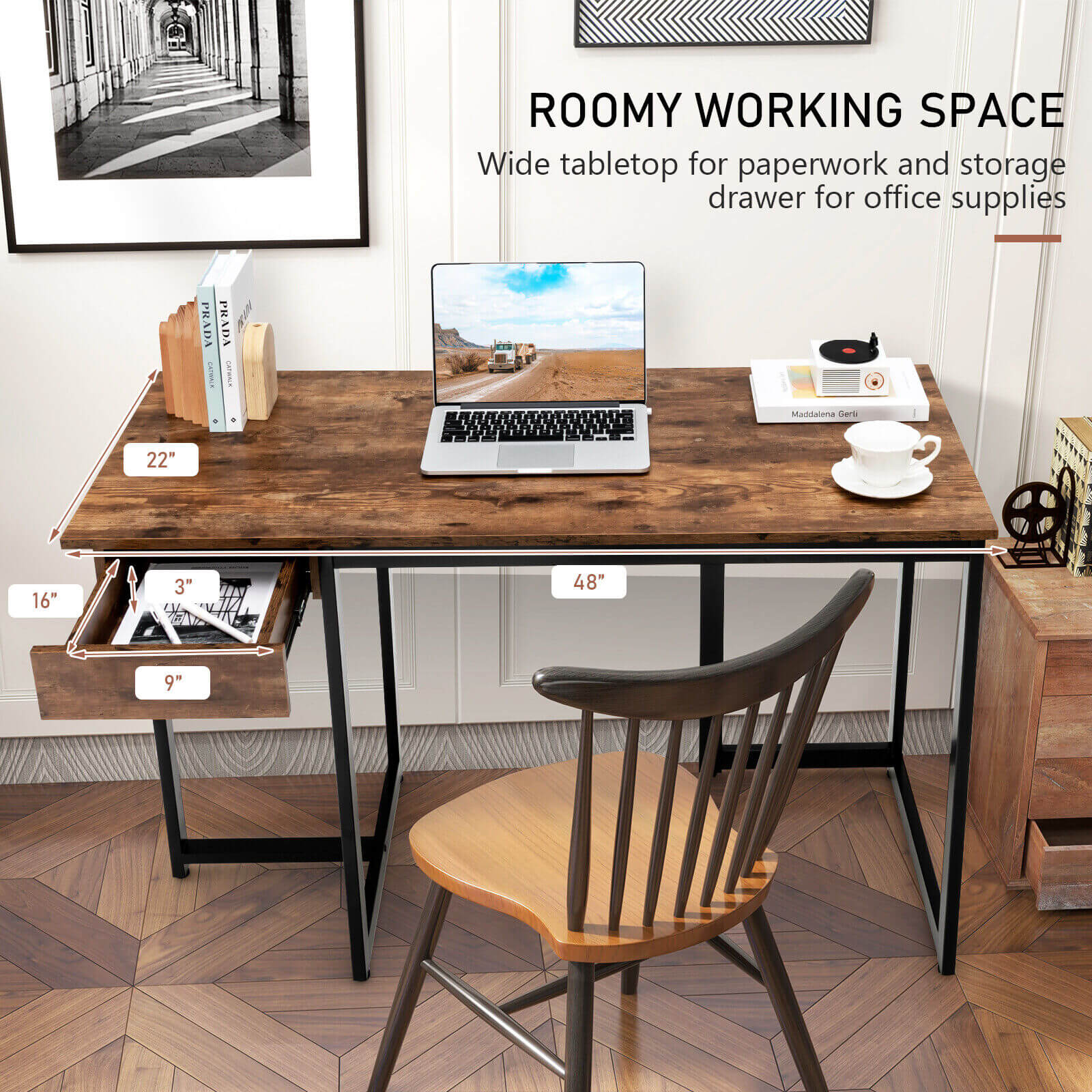 48 Inch Computer Desk with Metal Frame and Adjustable Pads-Brown