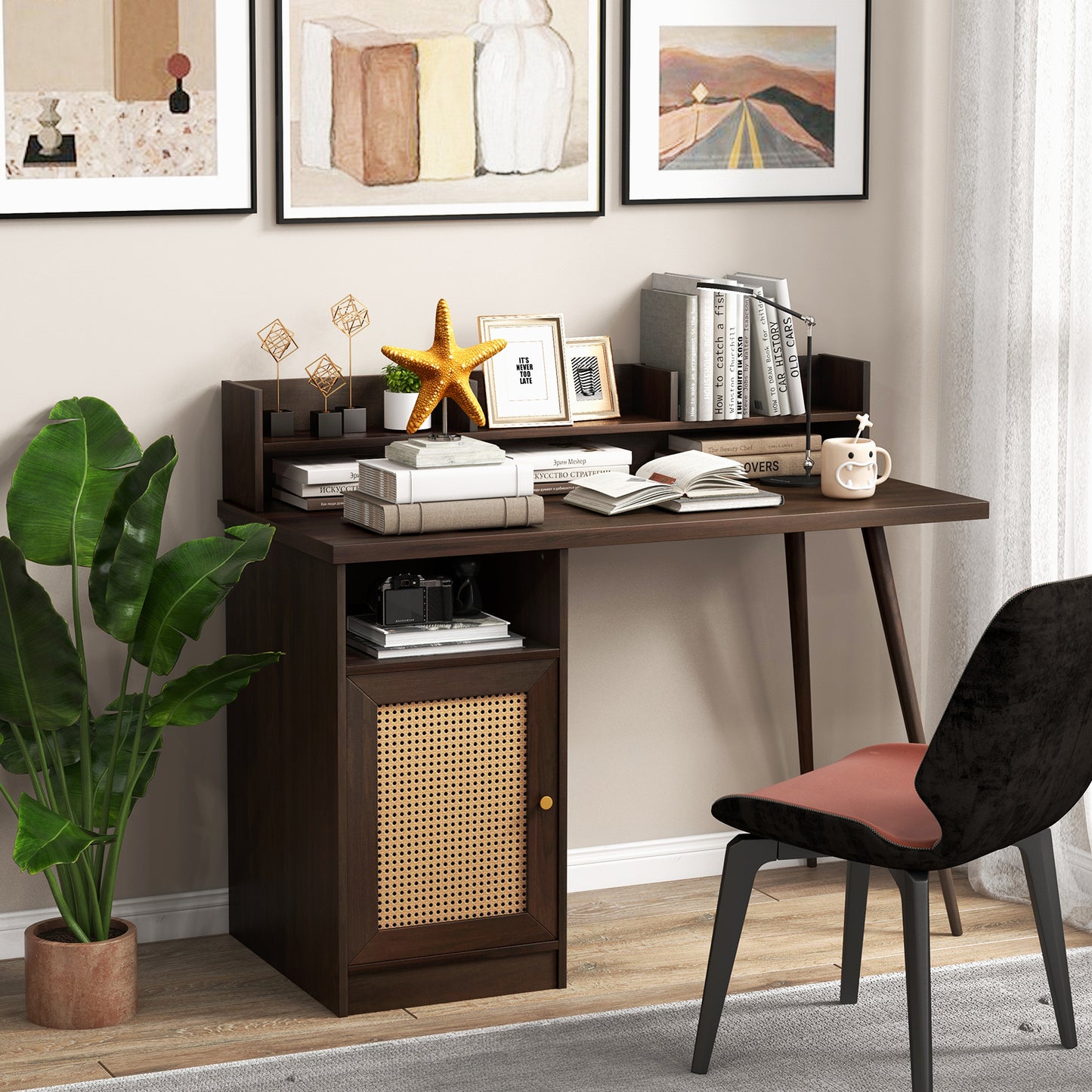 48 Inch Computer Desk with Hutch and PE Rattan Cabinet Shelves-Walnut
