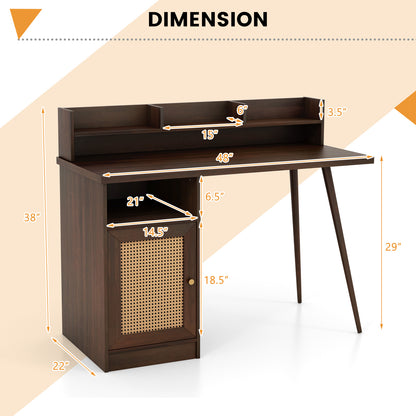 48 Inch Computer Desk with Hutch and PE Rattan Cabinet Shelves-Walnut