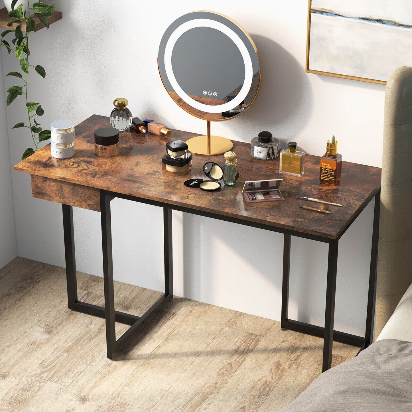 48 Inch Computer Desk with Metal Frame and Adjustable Pads-Brown
