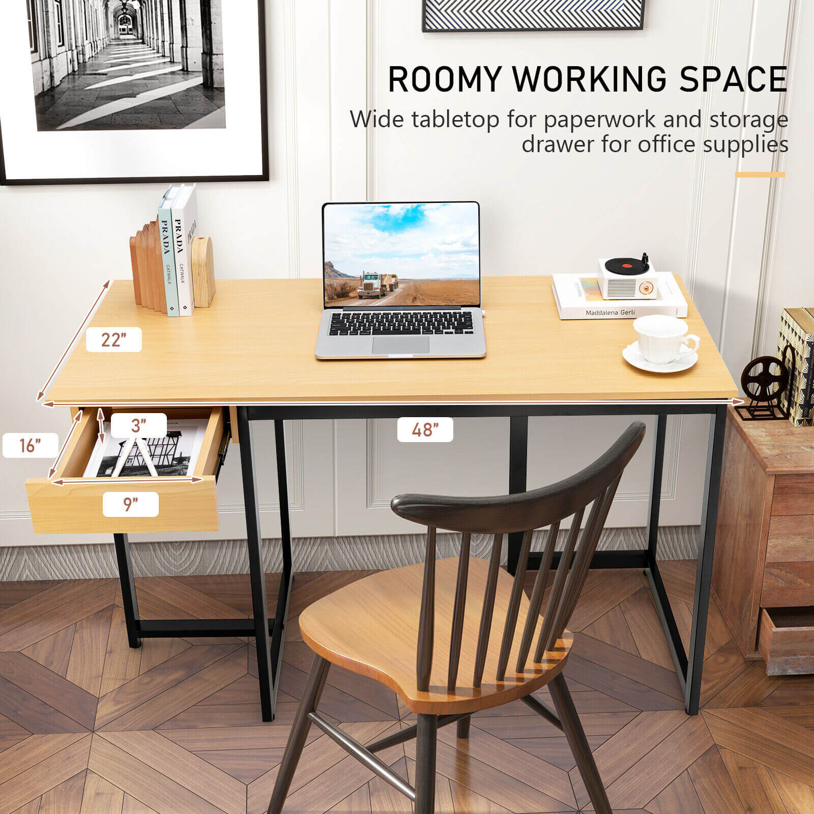 48 Inch Computer Desk with Metal Frame and Adjustable Pads-Natural